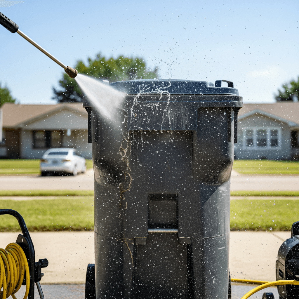 Trash can being pressure washed to eliminate odors