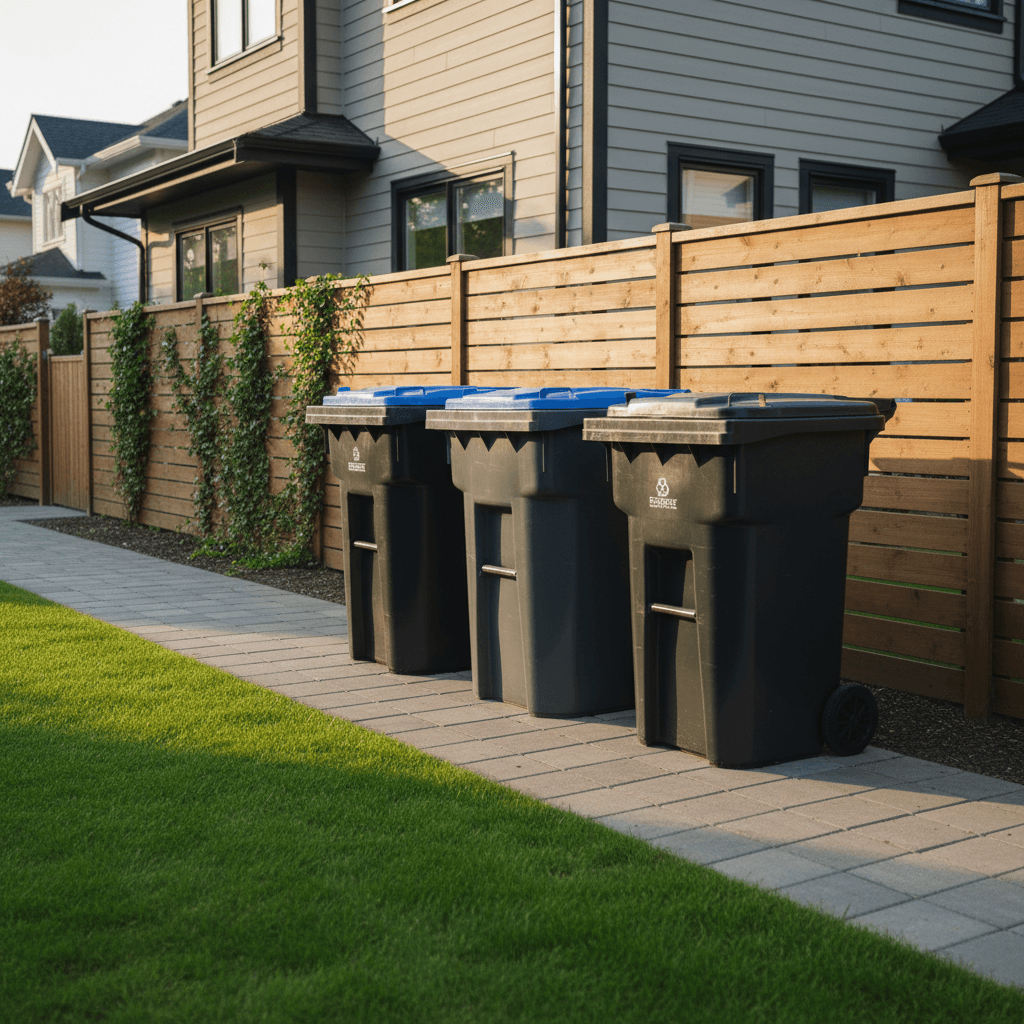 Multiple clean trash cans arranged properly to prevent pest access