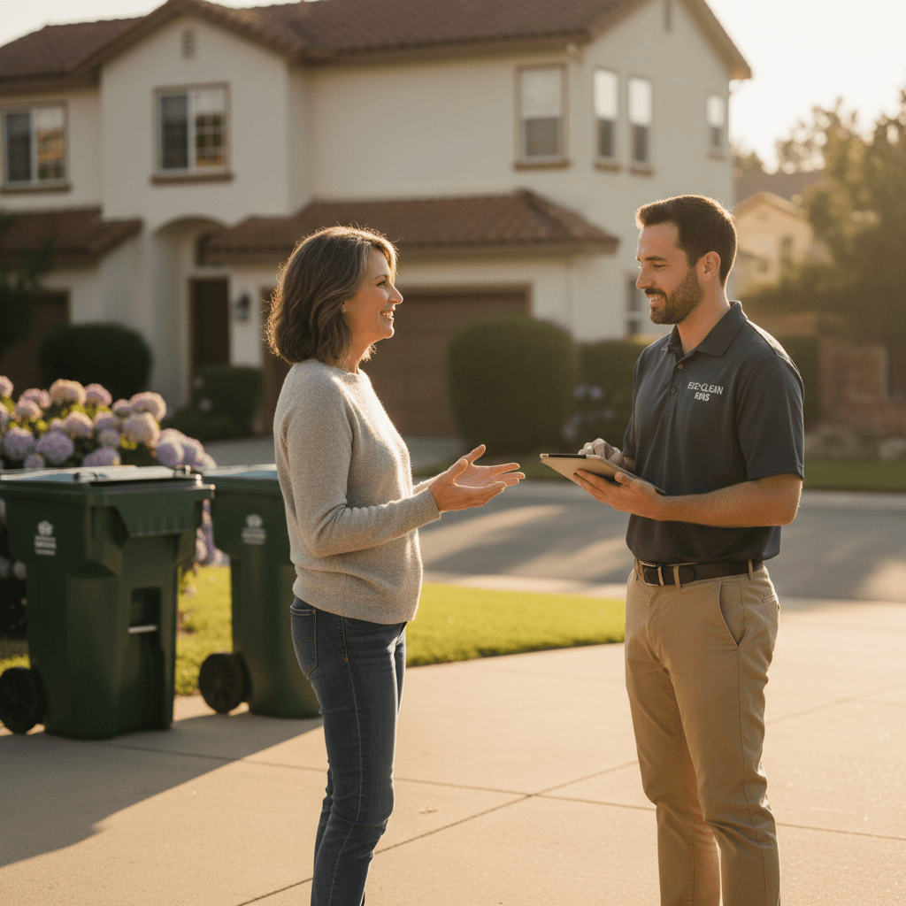 Homeowner consulting with service professional about trash can cleaning options