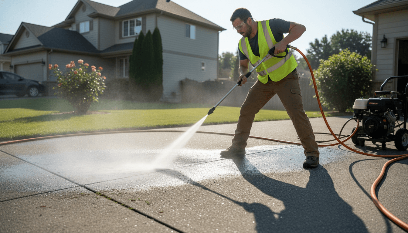 Pressure washing a residential trash can with high-powered equipment