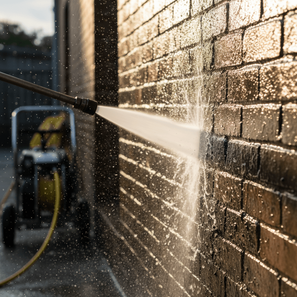 Pressure washing spray cleaning trash can surface