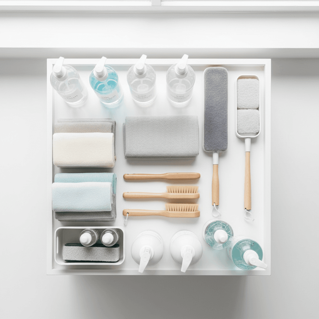 Professional cleaning supplies and equipment organized neatly