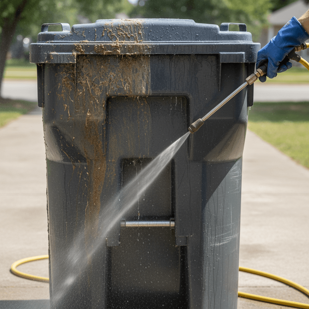 Before and after transformation of a heavily soiled trash bin