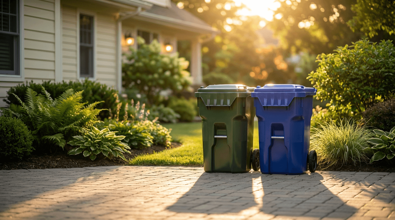 Professional pressure washing a residential trash bin