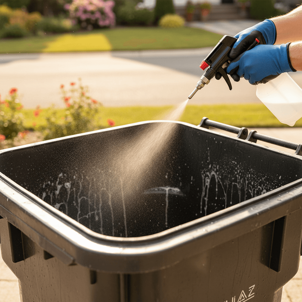 Sanitizing spray application to trash bin interior